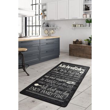 Covor de Bucatarie Kitchen Rules, Lavabil, Antiderepant, Negru, 80x150 cm