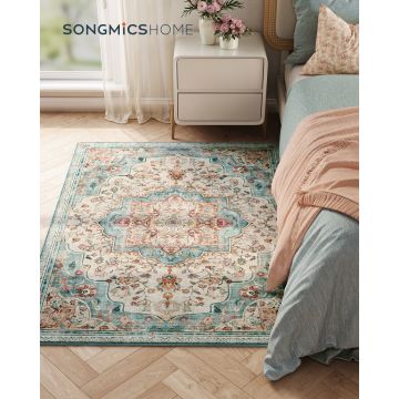 Covor antiderapant Vasagle Vintage, 120x170 cm, lavabil la masina, poliester, albastru teal