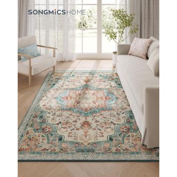 Covor antiderapant Vasagle Vintage, 152x213 cm, lavabil la masina, poliester, albastru teal