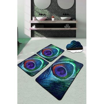 Set covoraș de baie (3 bucăți), Chilai, Peacock, Catifea, Multicolor